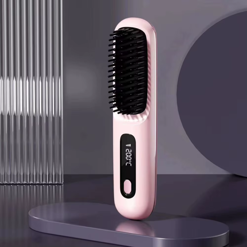 Style on the go with this Wireless Hair Straightening Brush featuring ceramic heating, negative ion technology, and an LCD display. USB rechargeable and portable—perfect for smooth, frizz-free hair anytime, anywhere!